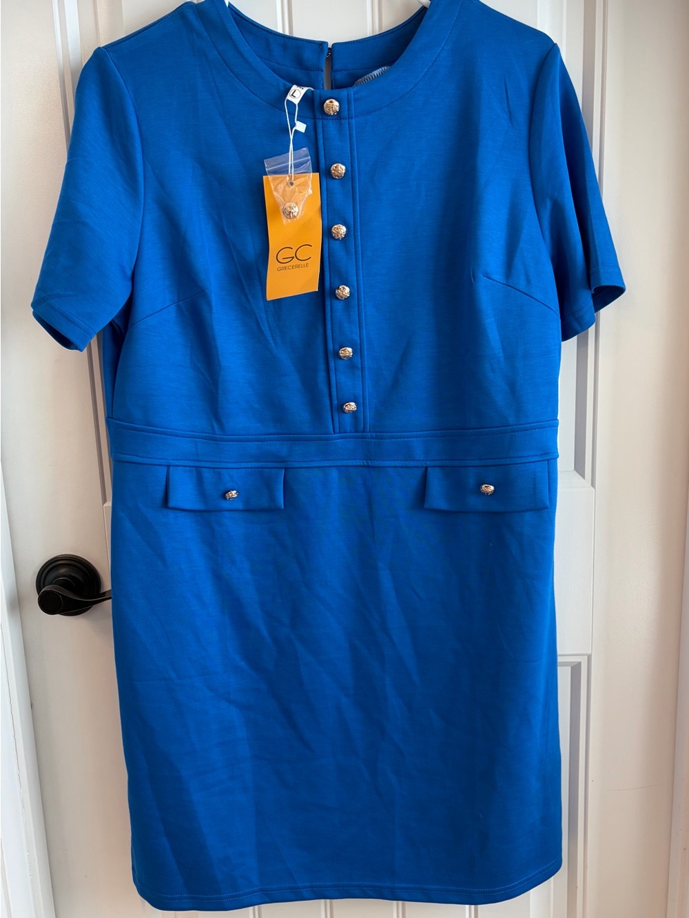 GC Collection Royal Blue Short Sleeve Shift Dress with Decorative Buttons Large